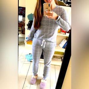 Gray pajama set. Pants and long sleeve top.